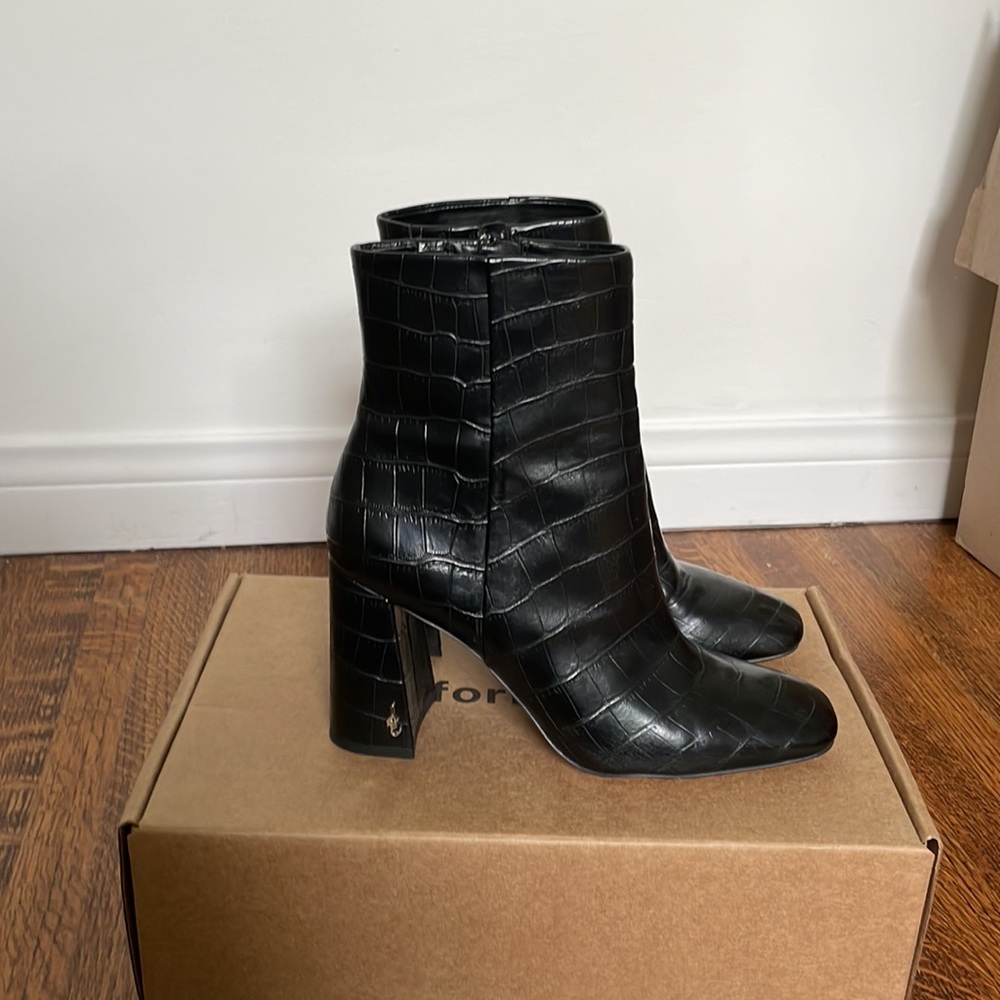 Sam Edelman Codie Square Toe Boot in Black Crocodile Leather
